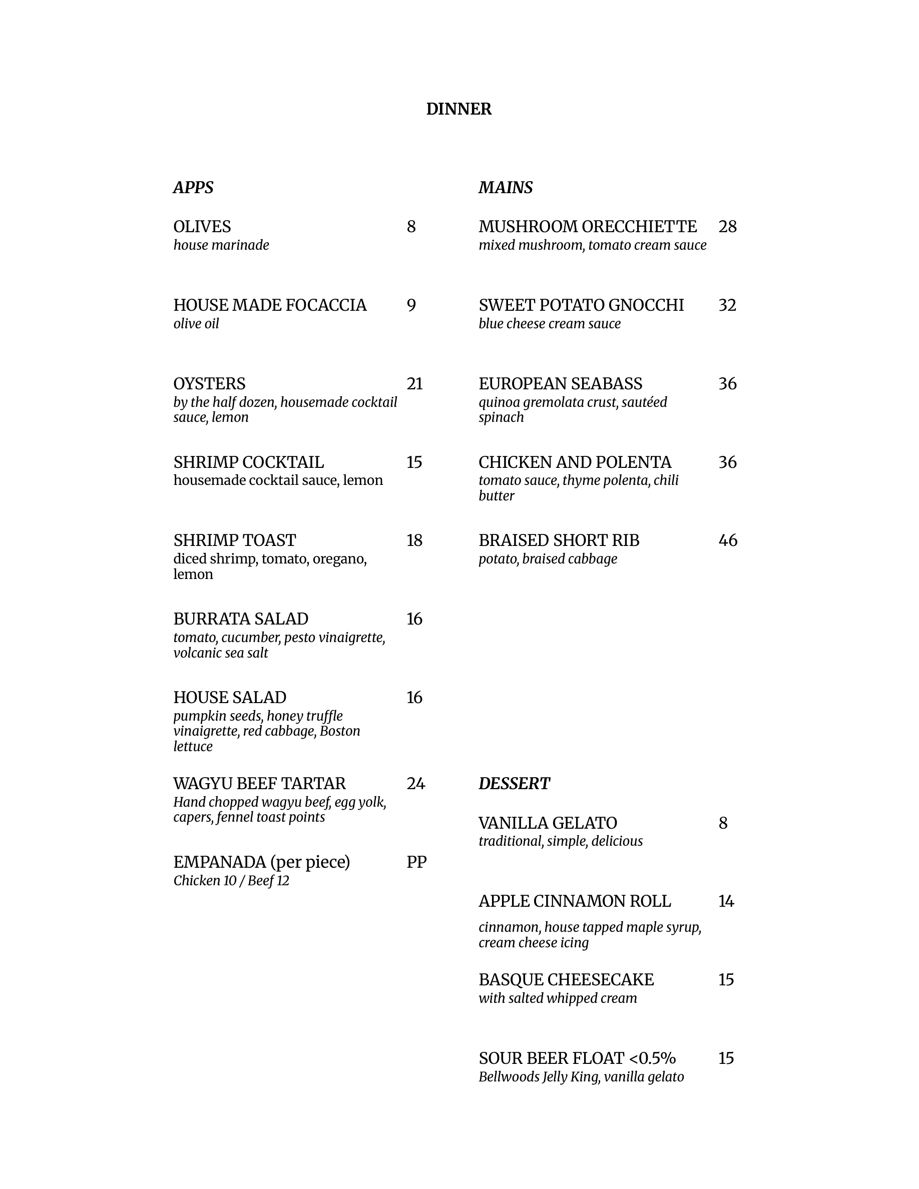 Dinner Menu