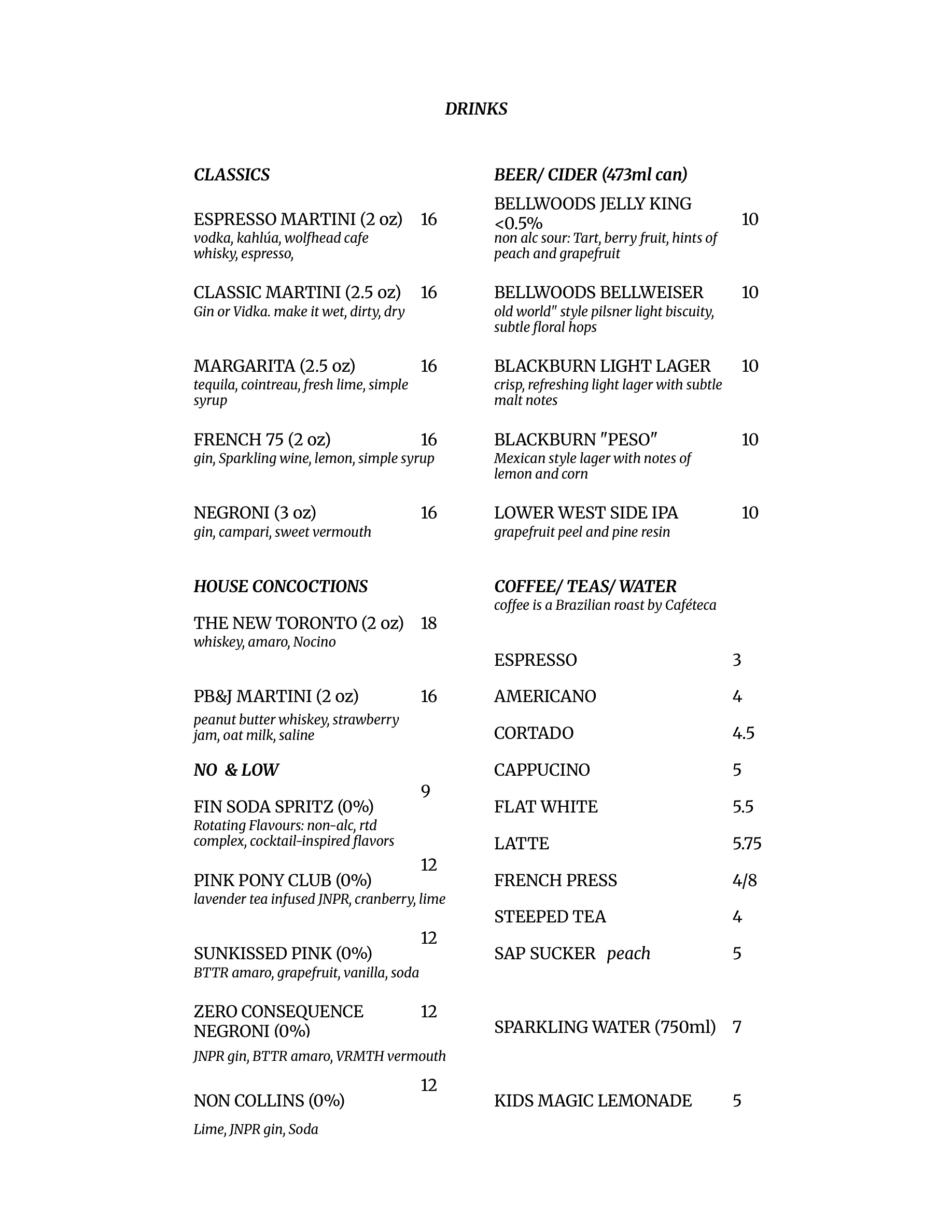 Drinks Menu